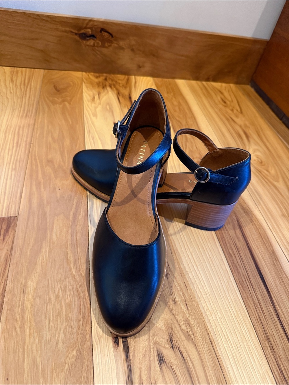 Patina Black Leather Block Heel Mary Jane Pumps with Ankle Strap